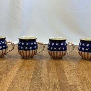 4 Vintage Polish Boleslawiec Artistic Pottery Bubble Mugs Stars & Stripes RWB